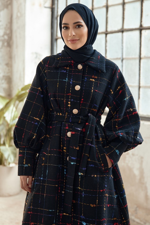 Balloon Sleeve Coat - Black Claret Red Striped