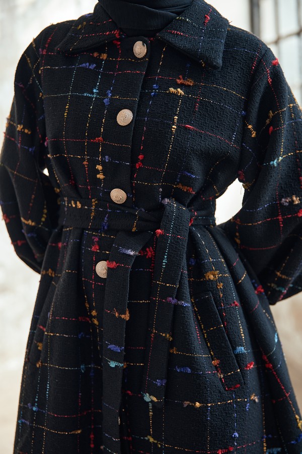 Balloon Sleeve Coat - Black Claret Red Striped