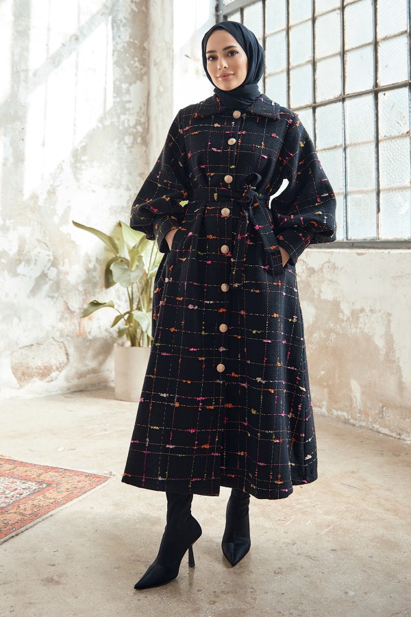 Balloon Sleeve Coat - Black Fuchsia Striped