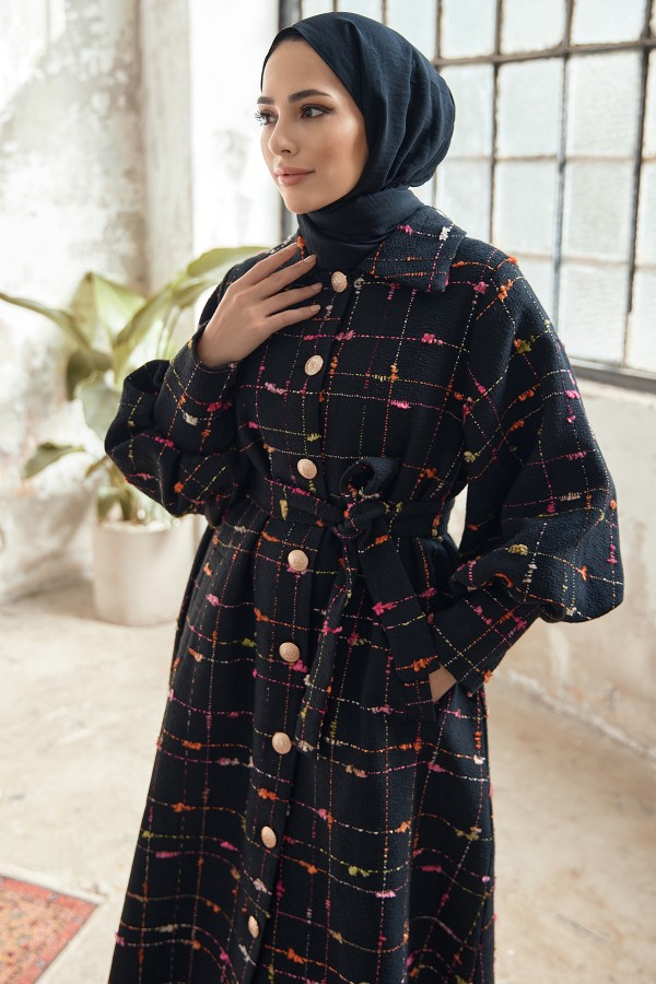 Balloon Sleeve Coat - Black Fuchsia Striped