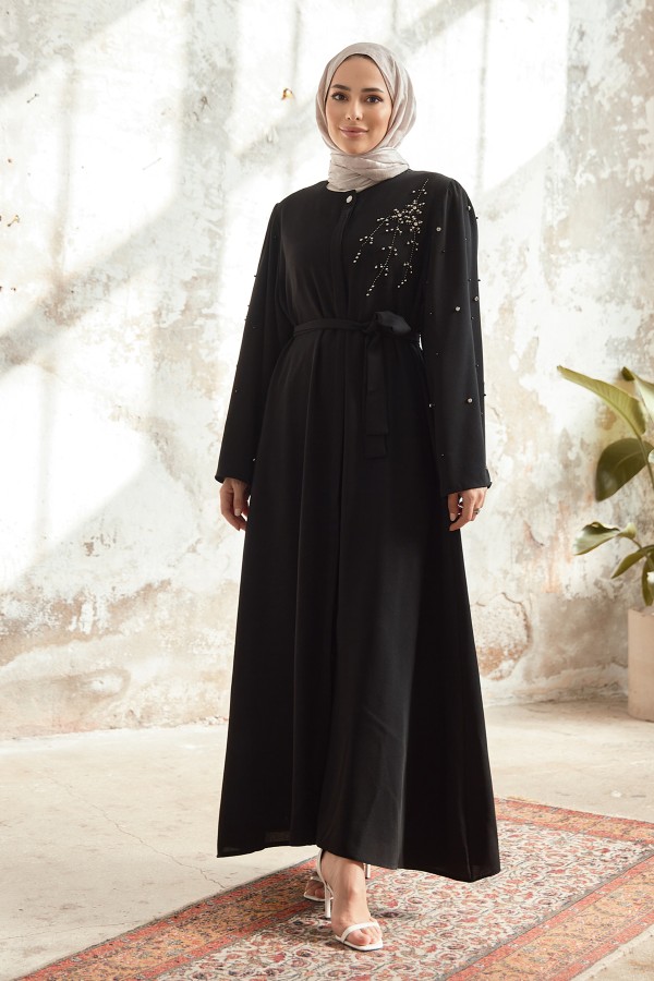 Lena İşleme Detaylı Abaya - Siyah