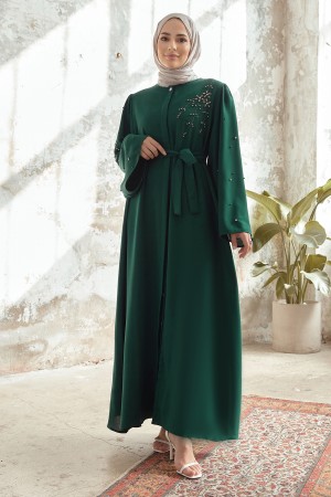 Lena Abaya with Embroidered Detail - Emerald