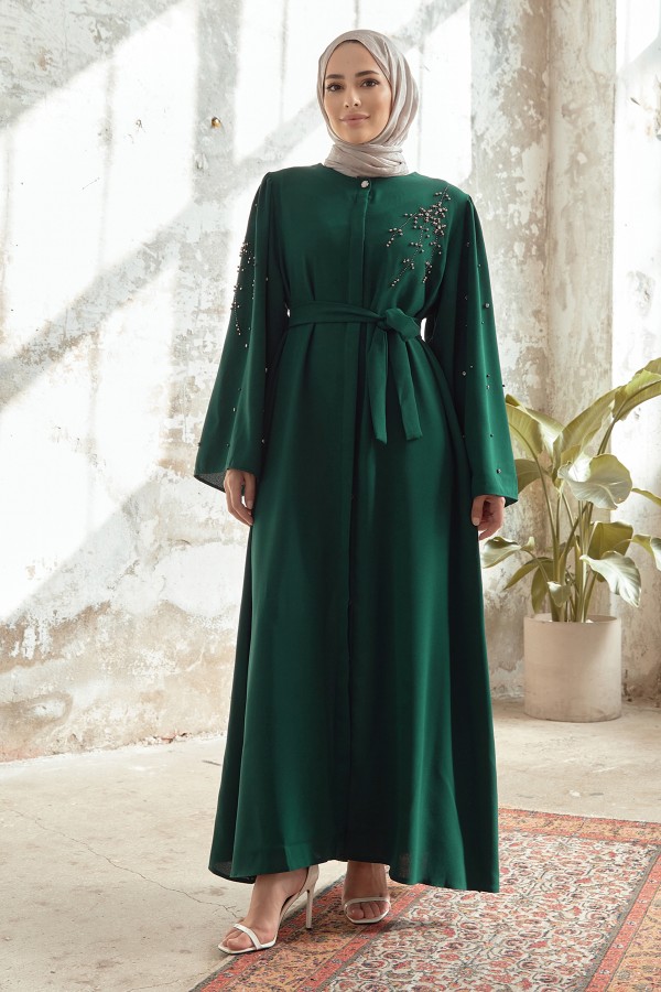 Lena Abaya with Embroidered Detail - Emerald