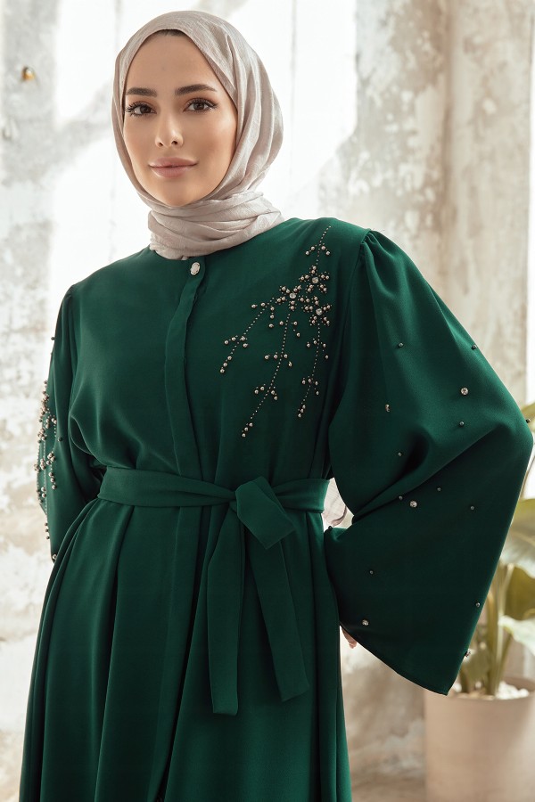 Lena İşleme Detaylı Abaya - Zümrüt