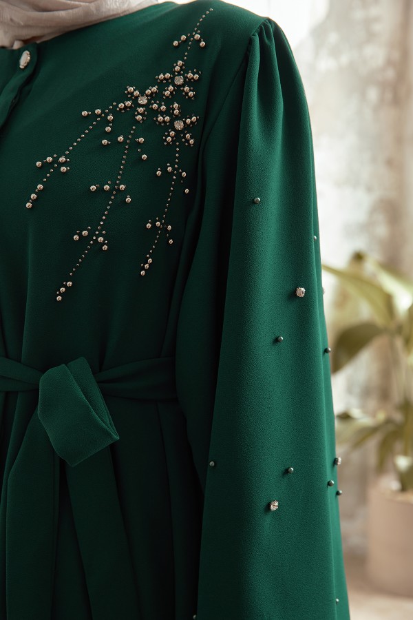 Lena İşleme Detaylı Abaya - Zümrüt