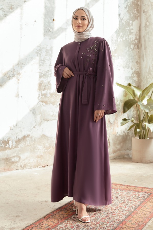 Lena İşleme Detaylı Abaya - Leylak