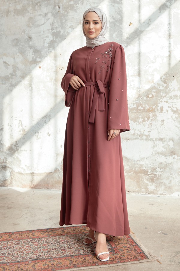 Lena İşleme Detaylı Abaya - Gül Kurusu