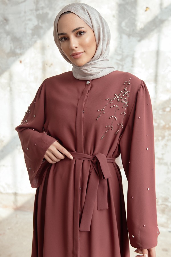 Lena İşleme Detaylı Abaya - Gül Kurusu