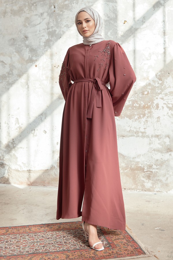 Lena İşleme Detaylı Abaya - Gül Kurusu