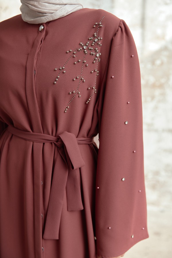 Lena İşleme Detaylı Abaya - Gül Kurusu