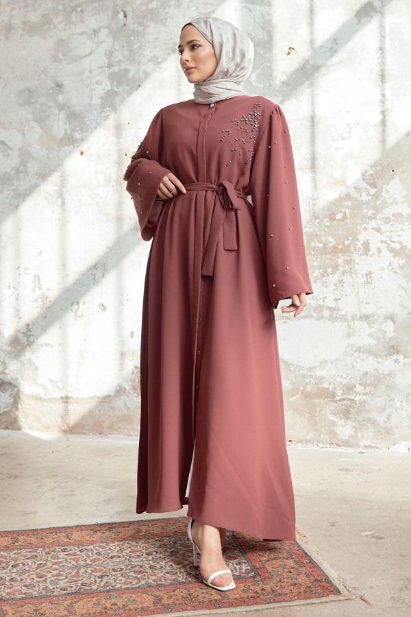 Lena İşleme Detaylı Abaya - Gül Kurusu