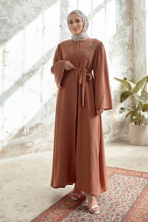 Lena Abaya with Embroidery Detail - Camel