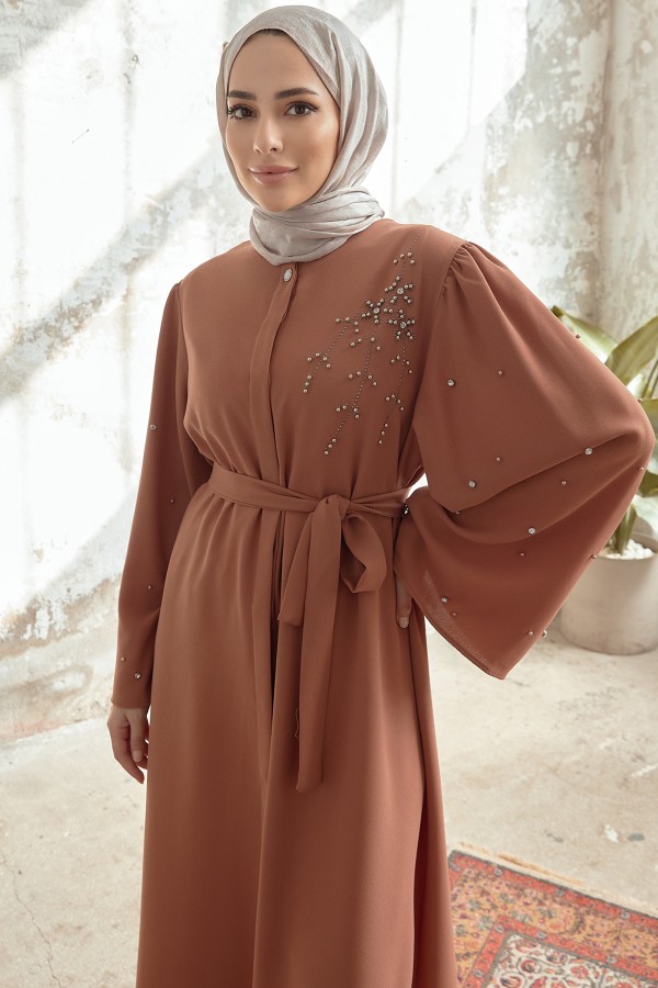 Lena Abaya with Embroidery Detail - Camel