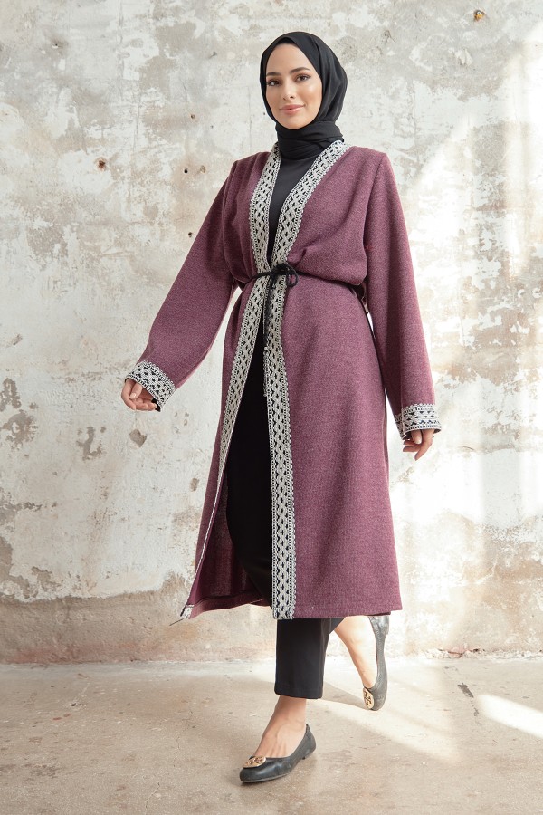 Bağcıklı Triko Kimono - Mürdüm