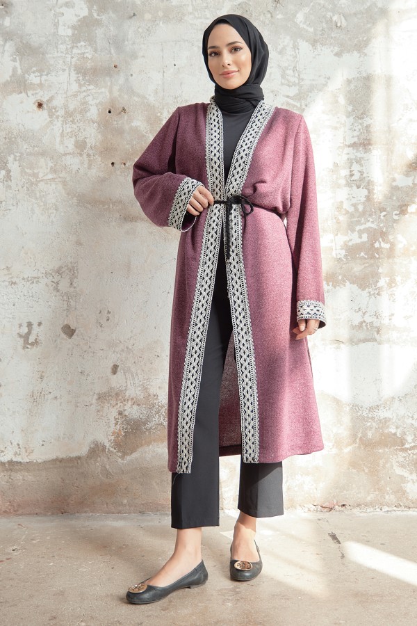 Bağcıklı Triko Kimono - Mürdüm