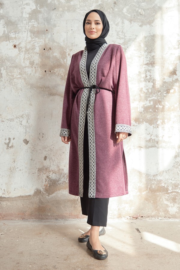 Bağcıklı Triko Kimono - Mürdüm