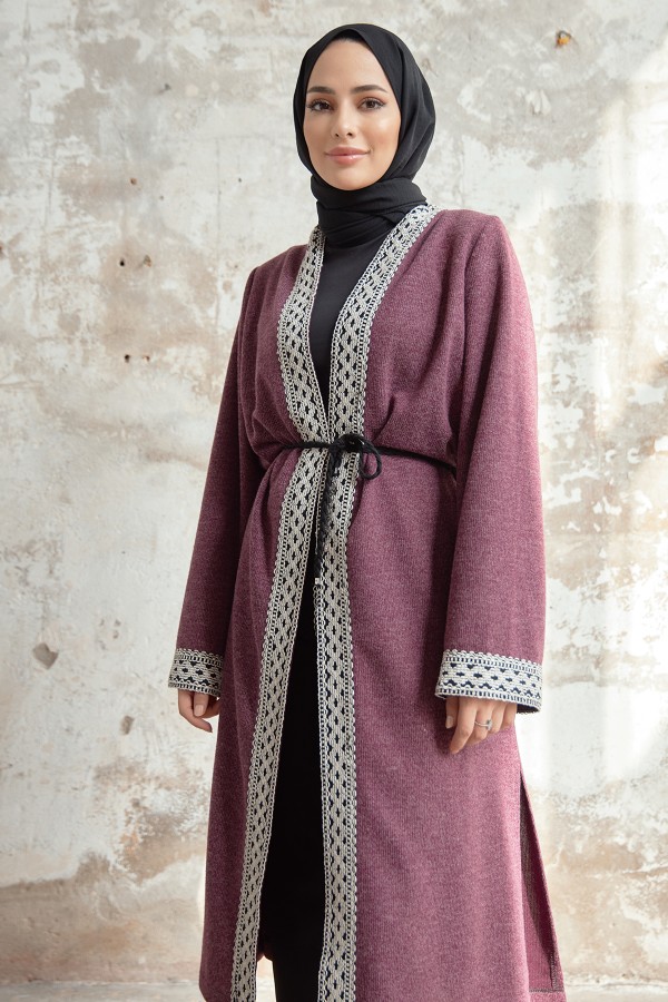 Bağcıklı Triko Kimono - Mürdüm