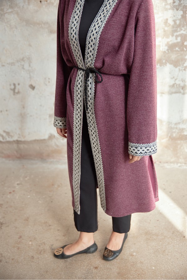 Bağcıklı Triko Kimono - Mürdüm