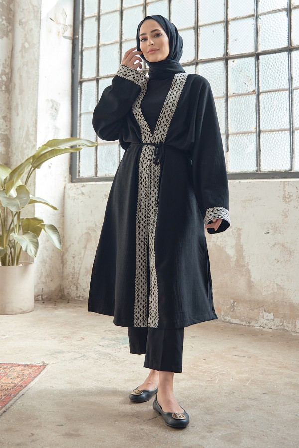 Bağcıklı Triko Kimono - Siyah Bağcıklı Triko Kimono - Siyah