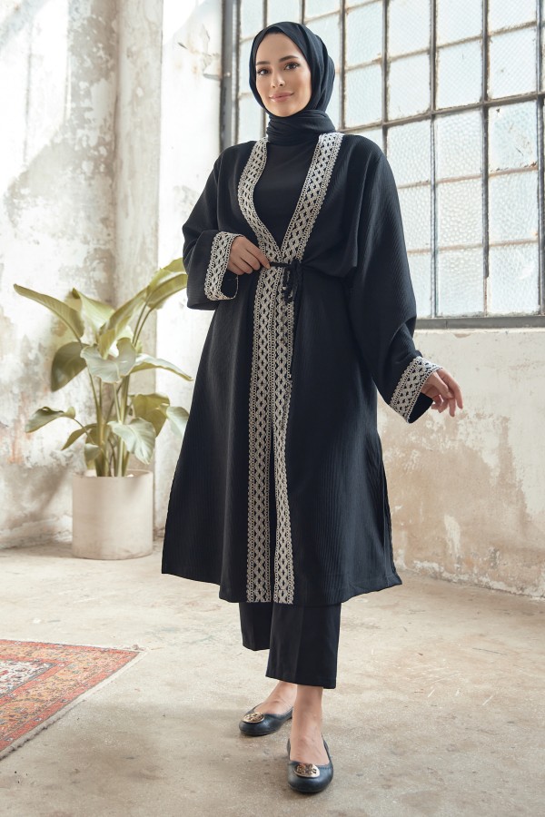 Bağcıklı Triko Kimono - Siyah Bağcıklı Triko Kimono - Siyah