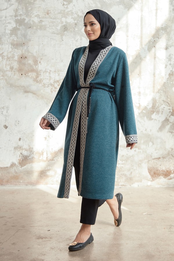 Bağcıklı Triko Kimono - Zümrüt