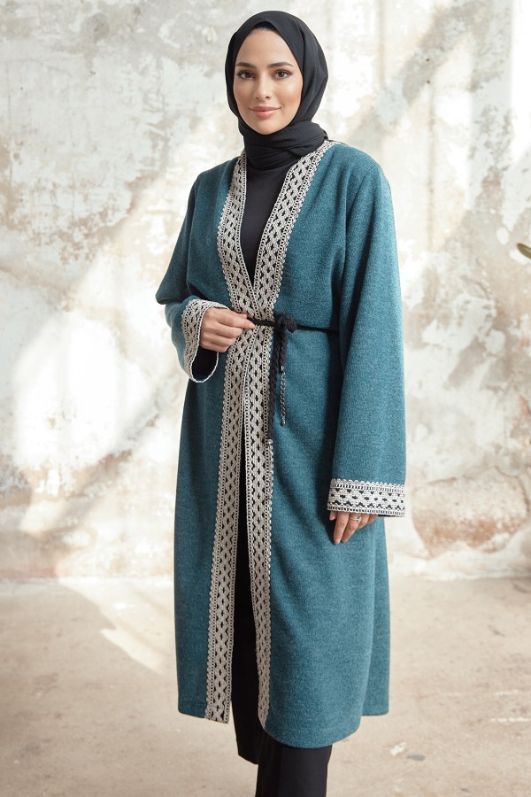 Bağcıklı Triko Kimono - Zümrüt