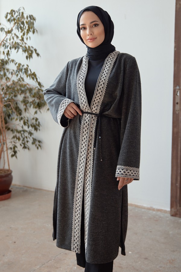 Bağcıklı Triko Kimono - Antrasit