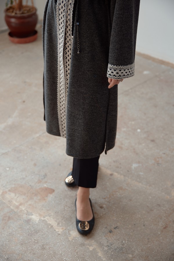 Bağcıklı Triko Kimono - Antrasit