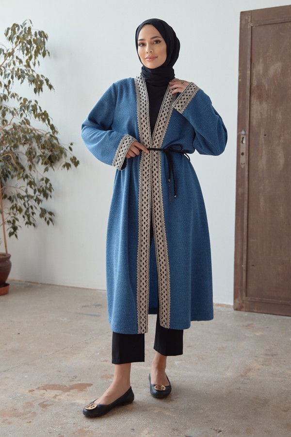 Bağcıklı Triko Kimono - İndigo