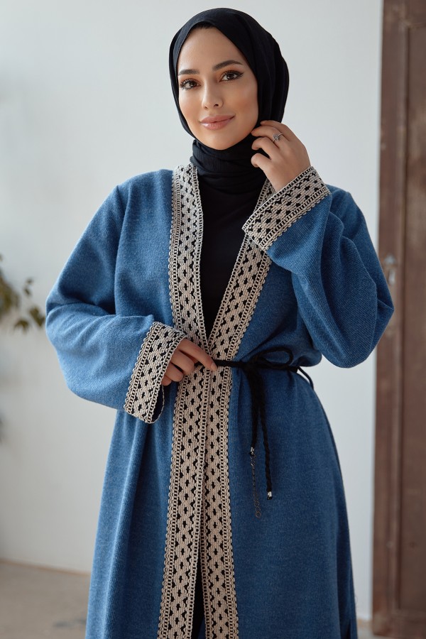 Bağcıklı Triko Kimono - İndigo