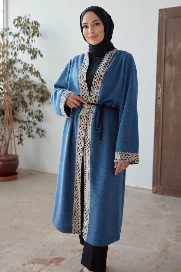 Bağcıklı Triko Kimono - İndigo