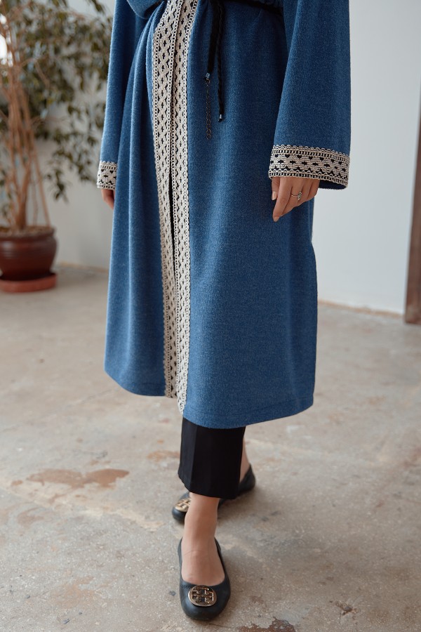Bağcıklı Triko Kimono - İndigo
