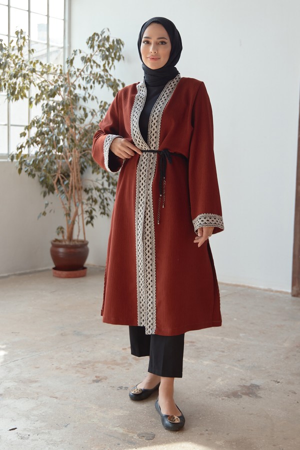 Bağcıklı Triko Kimono - Kiremit