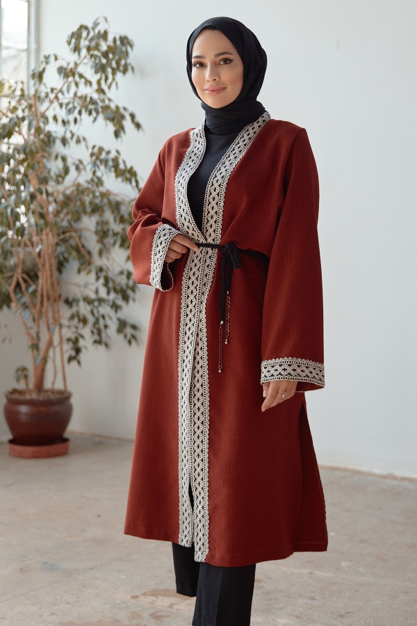 Bağcıklı Triko Kimono - Kiremit