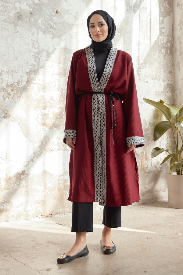 Bağcıklı Triko Kimono - Bordo