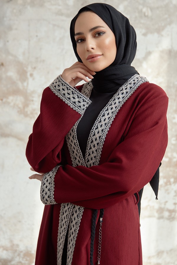 Bağcıklı Triko Kimono - Bordo