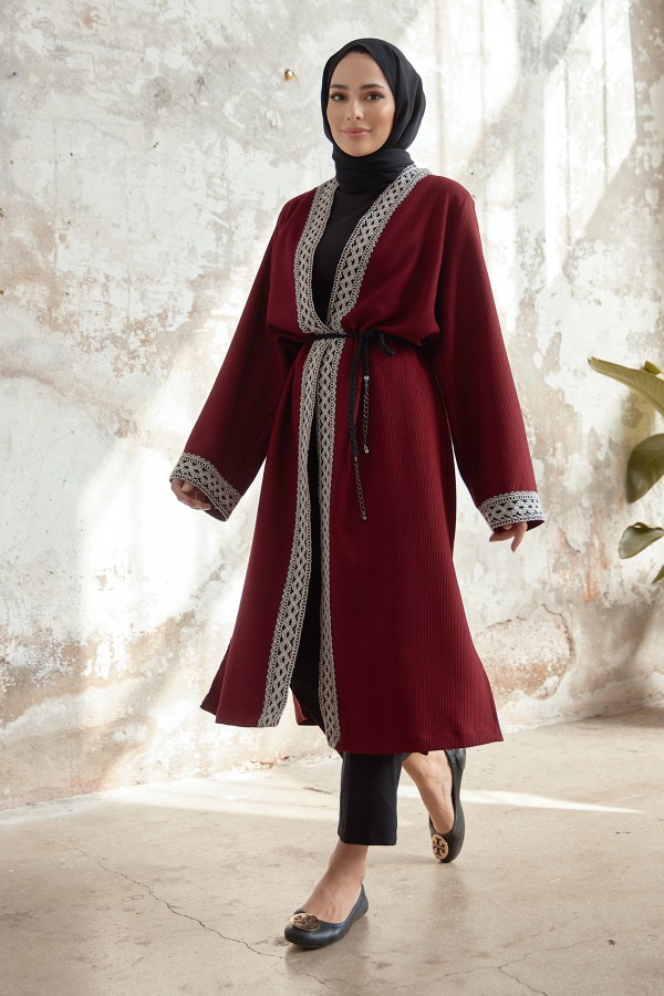 Bağcıklı Triko Kimono - Bordo Bağcıklı Triko Kimono - Bordo