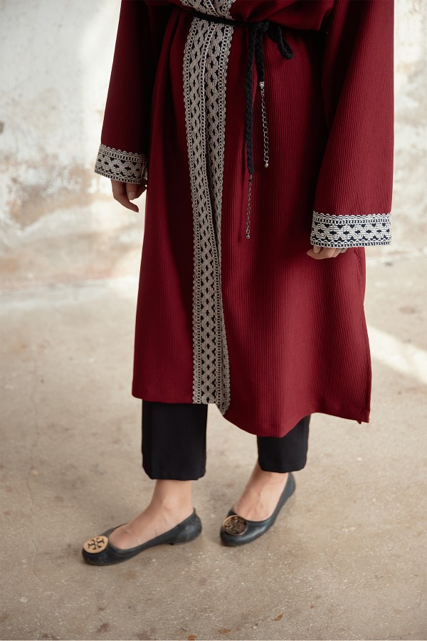 Bağcıklı Triko Kimono - Bordo Bağcıklı Triko Kimono - Bordo