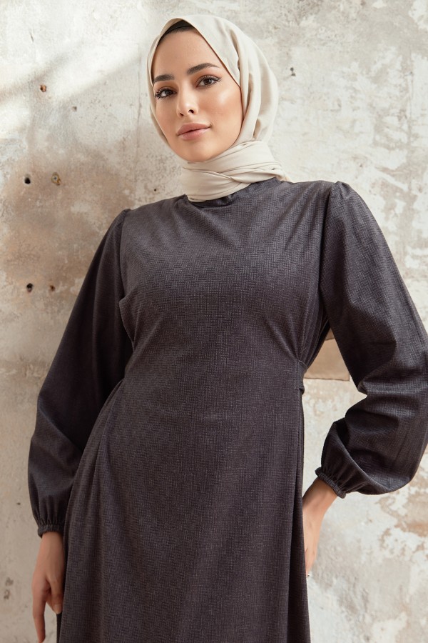 Kuşaklı Kadife Elbise - Antrasit