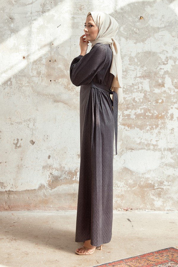 Kuşaklı Kadife Elbise - Antrasit