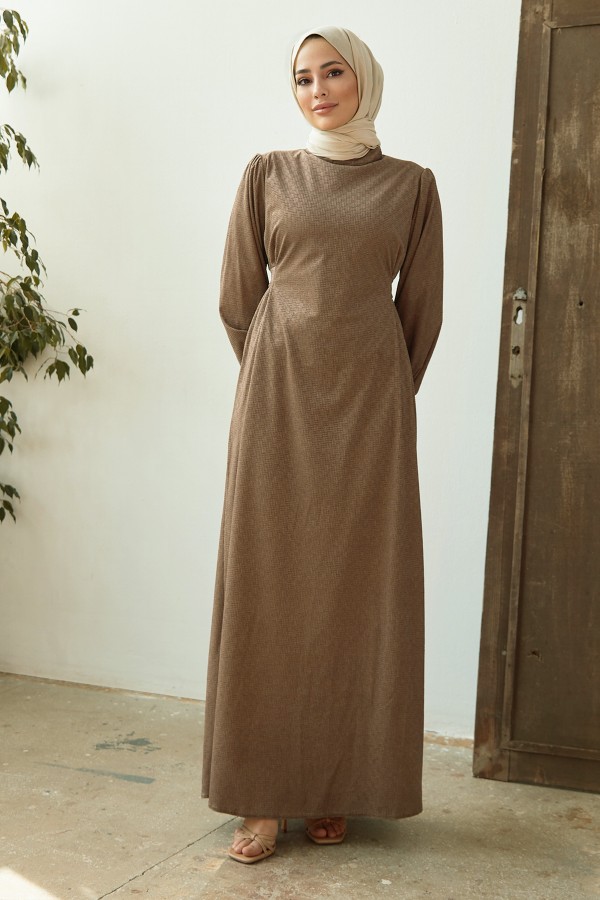 Kuşaklı Kadife Elbise - Vizon