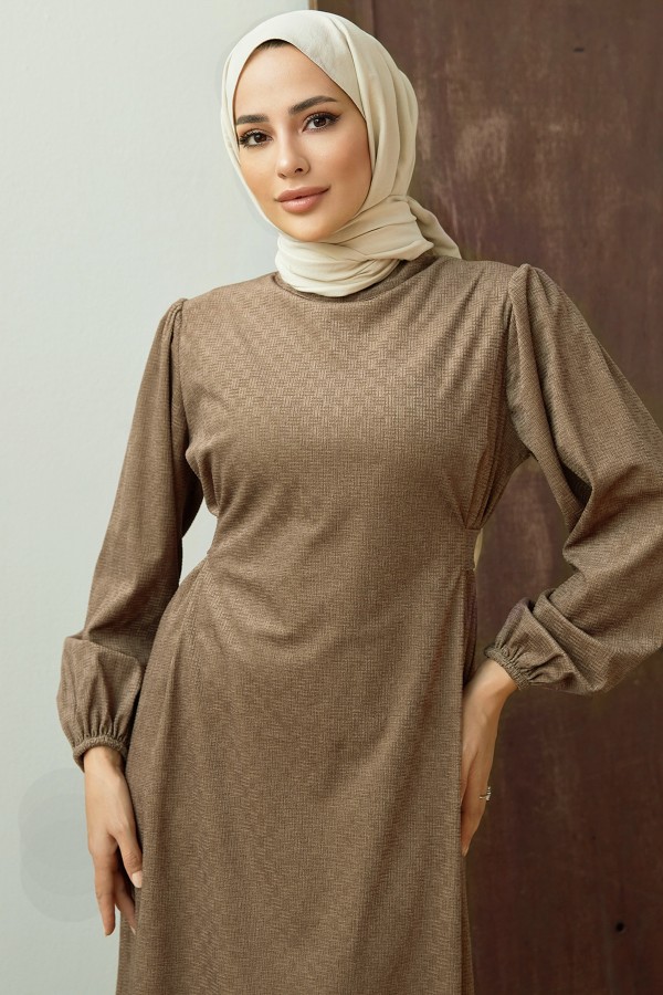 Kuşaklı Kadife Elbise - Vizon