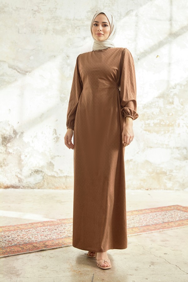 Kuşaklı Kadife Elbise - Camel