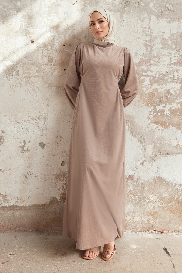 Kuşaklı Kadife Elbise - Bej