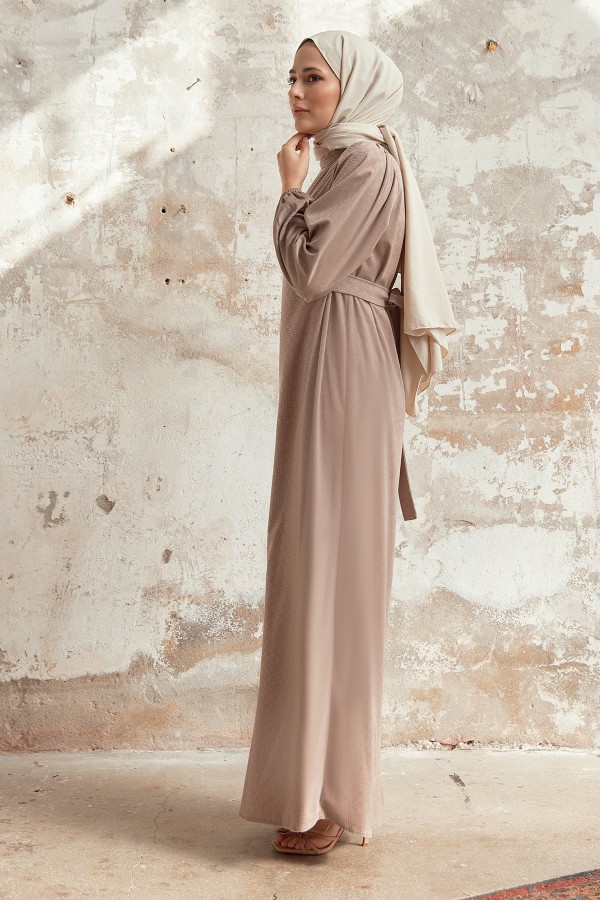 Kuşaklı Kadife Elbise - Bej