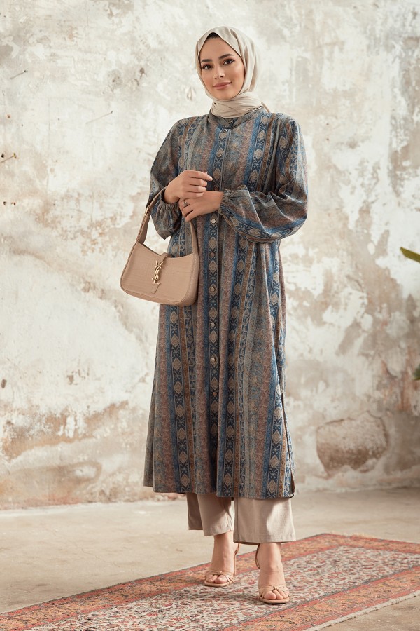 Büyük Beden Otantik Desen Takım - İndigo