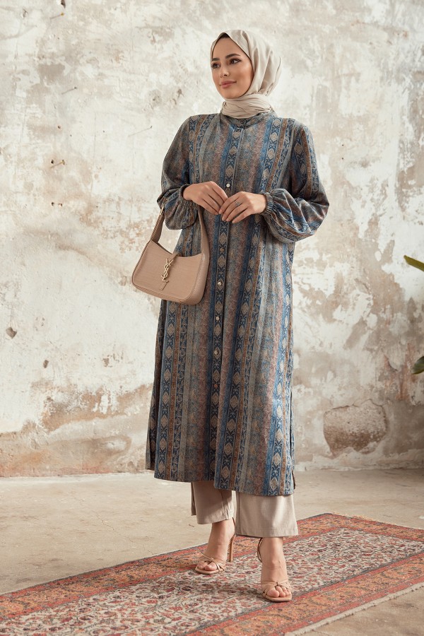 Büyük Beden Otantik Desen Takım - İndigo