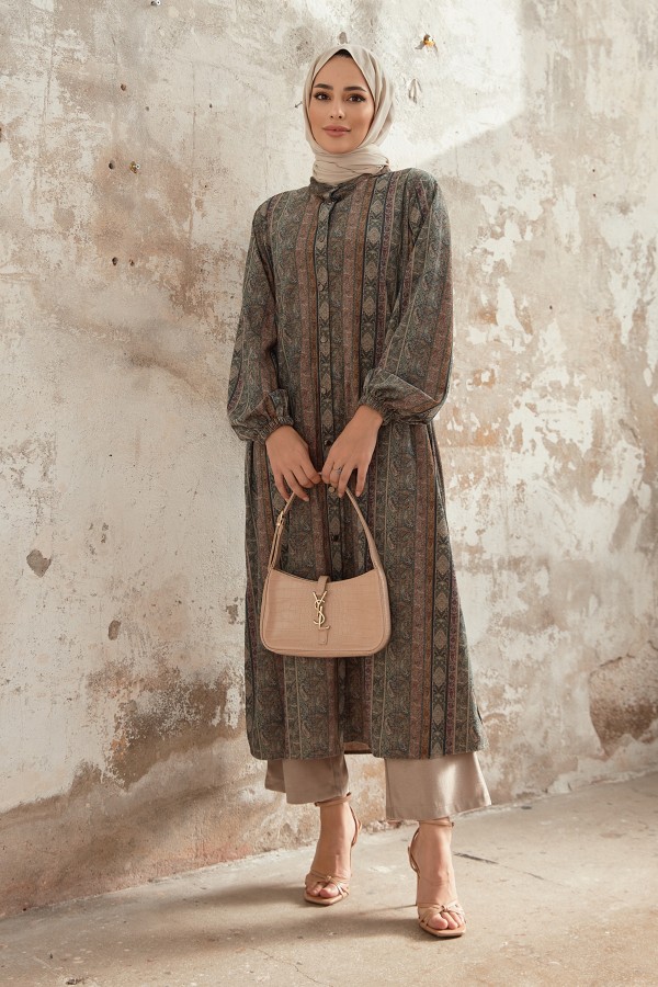 Büyük Beden Otantik Desen Takım - Zümrüt