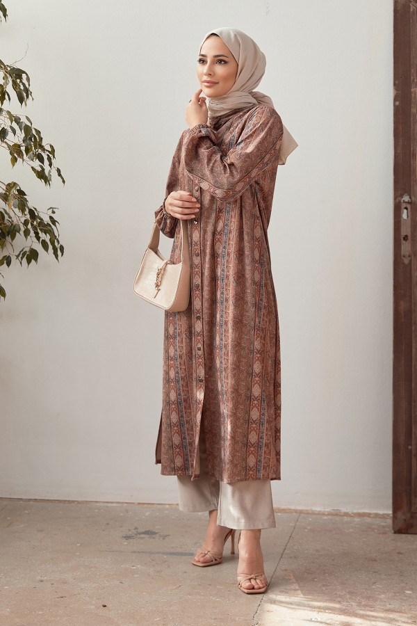 Büyük Beden Otantik Desen Takım - Camel