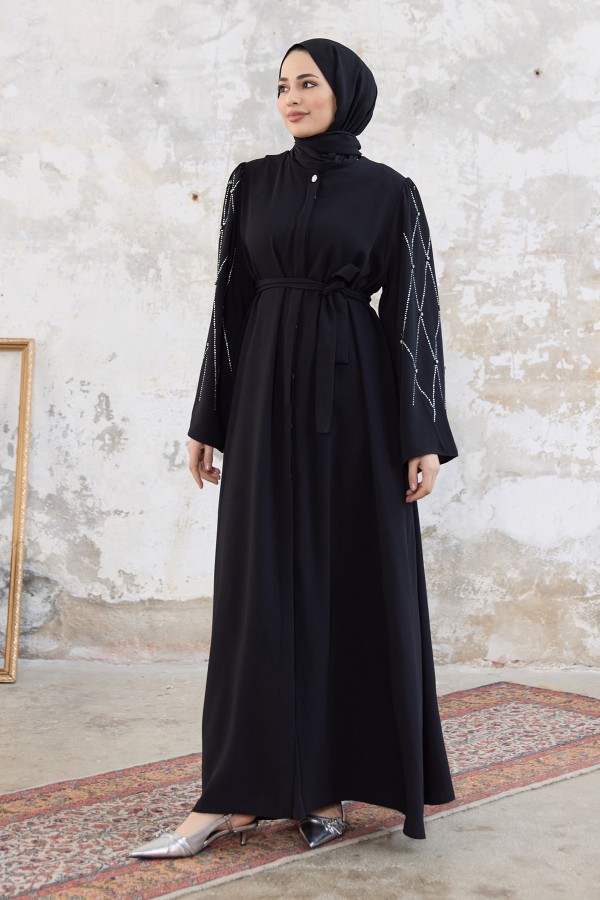 Abaya with Stone Embroidered Sleeves - Black